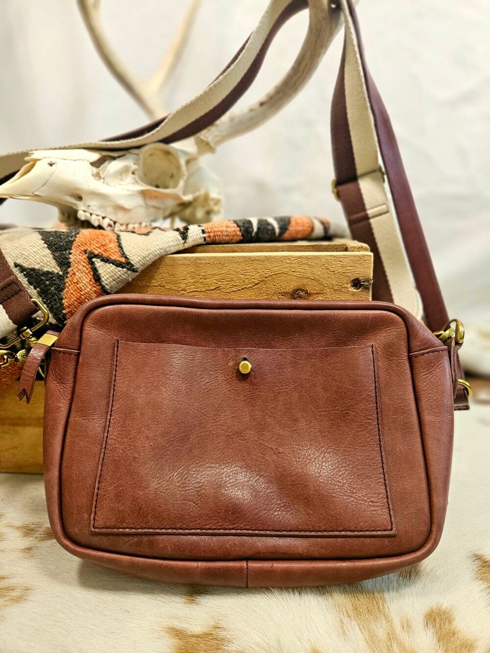 Madewell Large Transport Camera Bag Plum Leather Crossbody Web Strap